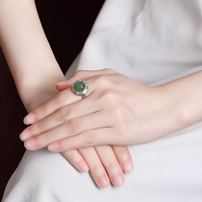 Wear FengShui 925 Sterling Silver Hetian Cyan Jade Flower Design Luck Adjustable Ring