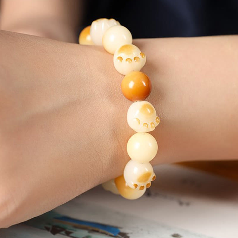 Wear FengShui Natural Bodhi Seed Sandalwood Lucky Cute Cat Head Paw Claw Peace Bracelet