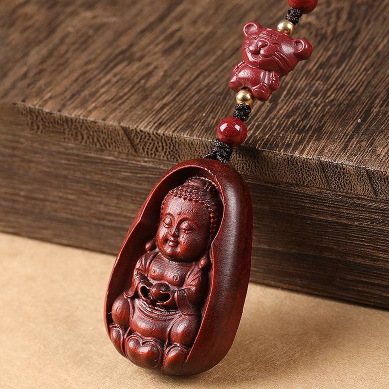 Wear FengShui Small Leaf Red Sandalwood Buddha Cinnabar Chinese Zodiac Amulet Protection Key Chain