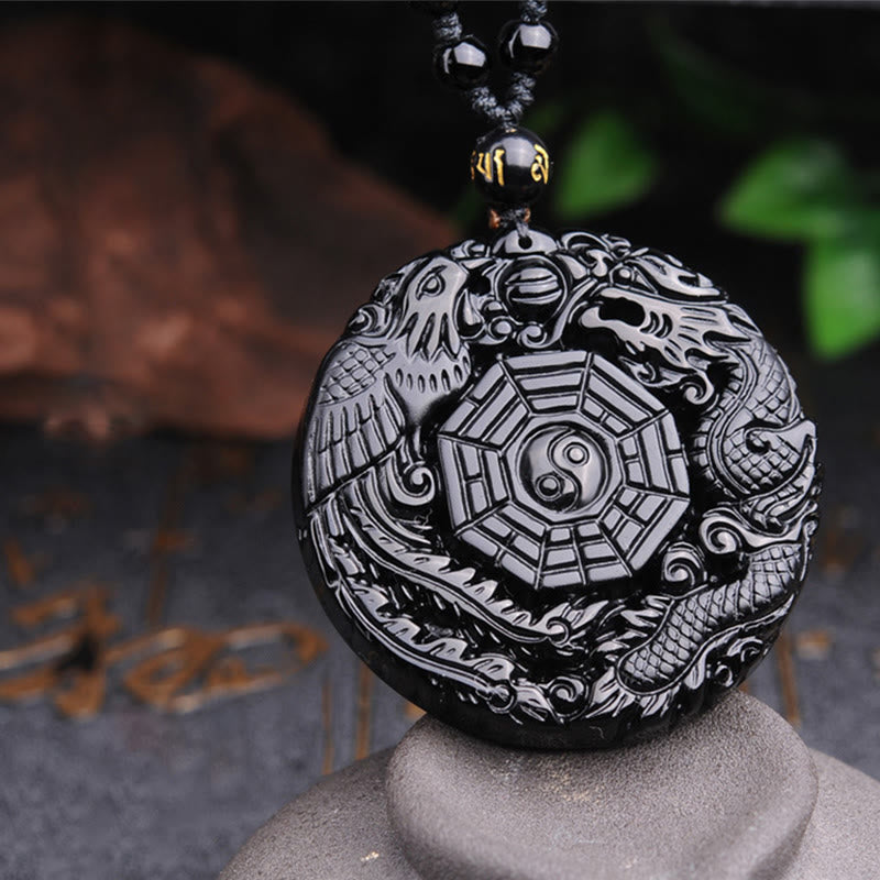 Wear FengShui Bagua Dragon Phoenix Obsidian Fulfilment Pendant Necklace