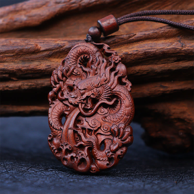 Wear FengShui Lightning Struck Jujube Wood Double Dragon Relief Ward Off Evil Spirits Necklace Pendant