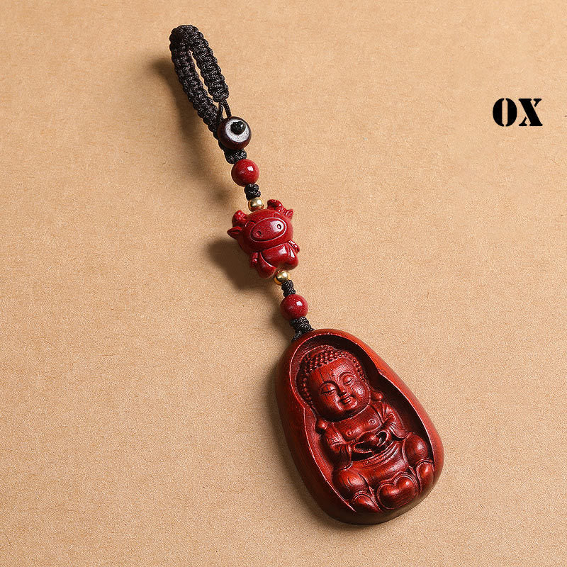 Wear FengShui Small Leaf Red Sandalwood Buddha Cinnabar Chinese Zodiac Amulet Protection Key Chain
