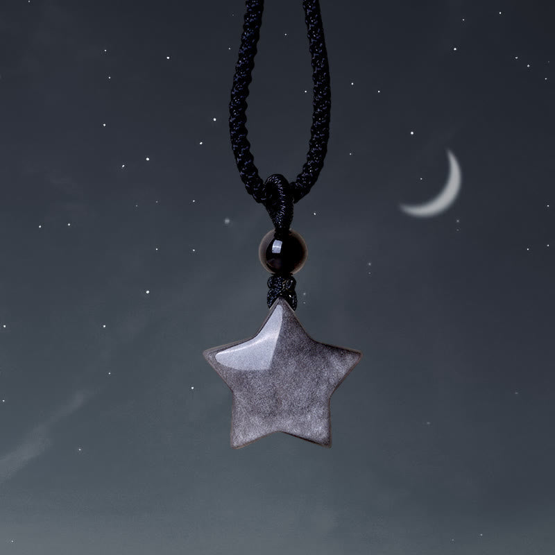 Wear FengShui Natural Silver Sheen Obsidian Star Crescent Moon Protection Necklace Pendant