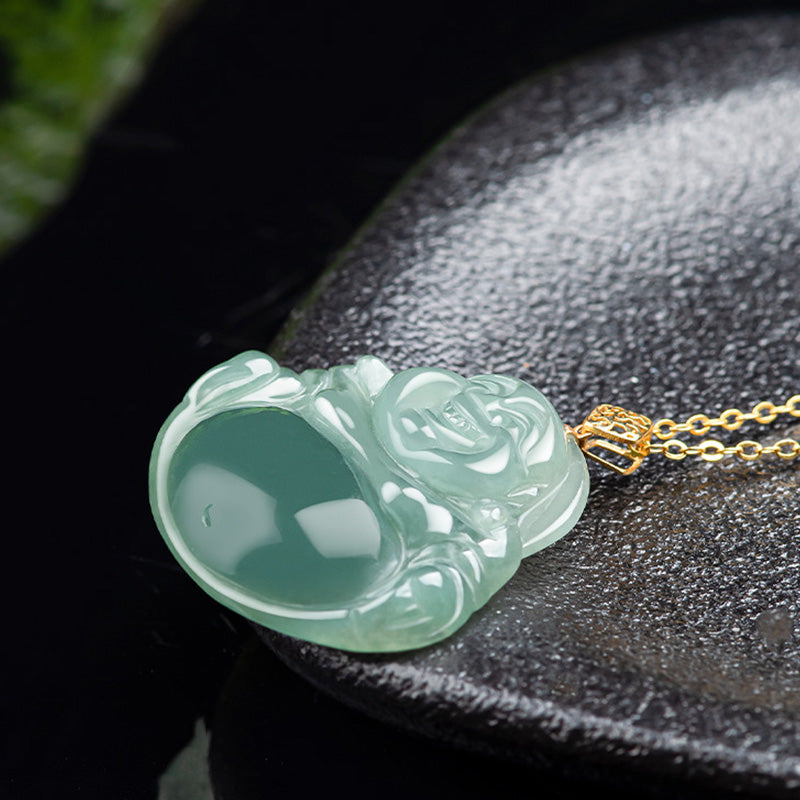 Wear FengShui Laughing Buddha Natural Jade Prosperity Abundance Necklace Pendant