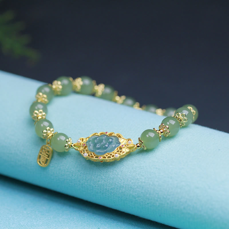 Wear FengShui 925 Sterling Silver Plated 14K Gold Hetian Jade Lotus Luck Bracelet