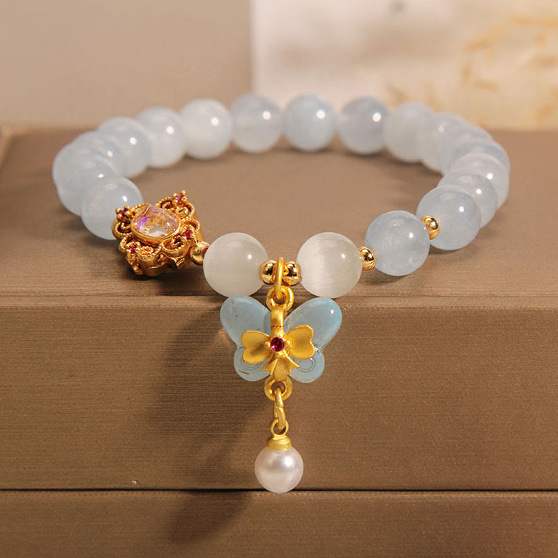 Wear FengShui Aquamarine Cat's Eye Healing Butterfly Pearl Charm Bracelet