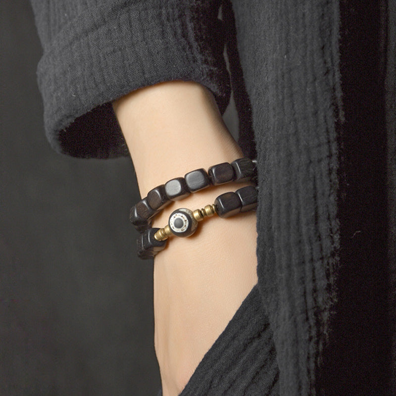 Wear FengShui Ebony Wood Dzi Bead Copper Peace Couple Bracelet