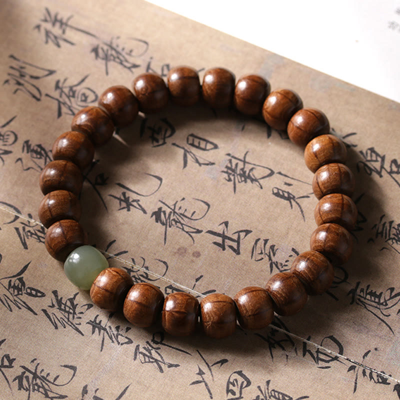 Wear FengShui Natural Abelia Biflora Wood Hetian Jade Bamboo Bead Warding Off Evil Spirits Bracelet