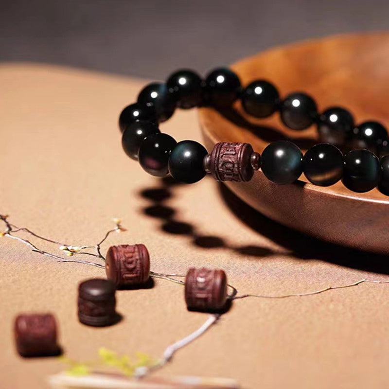Wear FengShui Natural Gold Sheen Obsidian Rainbow Obsidian Om Mani Padme Hum Fu Character Healing Bracelet