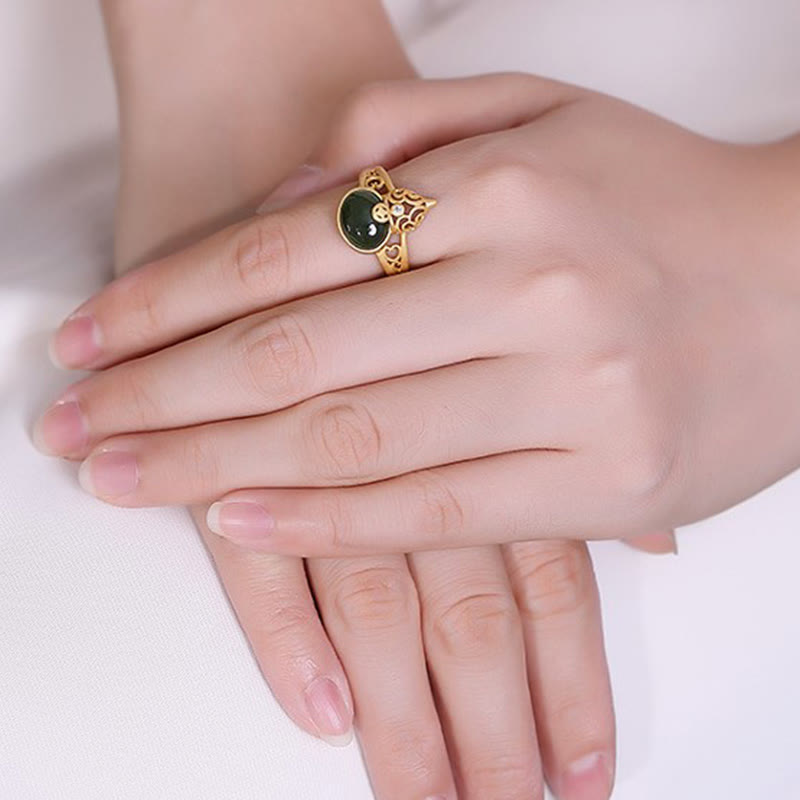 Wear FengShui Gourd Cyan Jade Copper Coin Success Luck Adjustable Ring