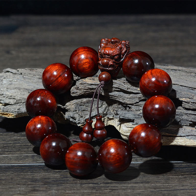 Wear FengShui Rosewood Green Sandalwood Small Leaf Red Sandalwood Dragon Carved Protection Bracelet