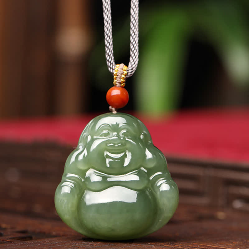 Wear FengShui Laughing Buddha Hetian Jade Abundance Necklace String Pendant
