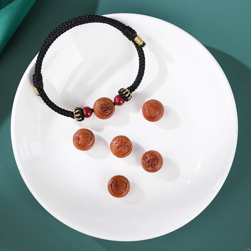 Wear FengShui Natural Peach Wood Chinese Zodiac Fu Character Carved Cinnabar Wealth Bracelet