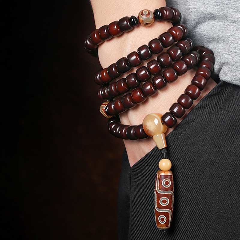Wear FengShui 108 Mala Beads Three-eyed Dzi Bead Nine-eye Dzi Bead Jade Luck Bracelet