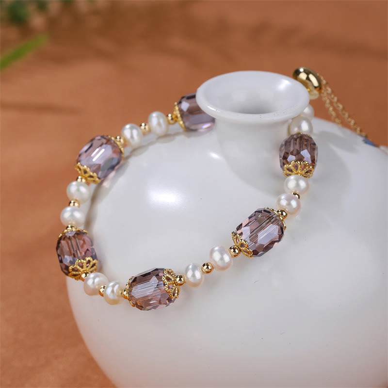 Wear FengShui Natural Amethyst Pearl Peace Healing Chain Bracelet