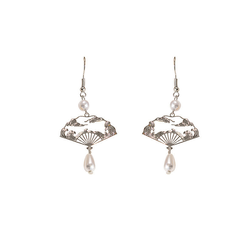 Wear FengShui Copper Fan Auspicious Clouds Pearl Healing Drop Earrings