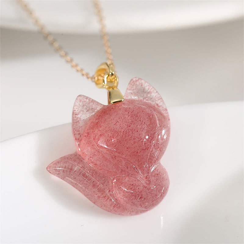 Wear FengShui 925 Sterling Silver Plated 14k Gold Strawberry Quartz Fox Healing Necklace Pendant