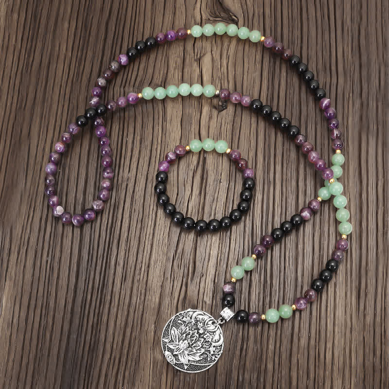 Wear FengShui 108 Mala Beads Amethyst Green Aventurine Lotus Meditation Bracelet