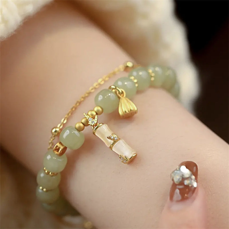 Wear FengShui Natural Hetian Jade Prosperity Lotus Bamboo Charm Bracelet