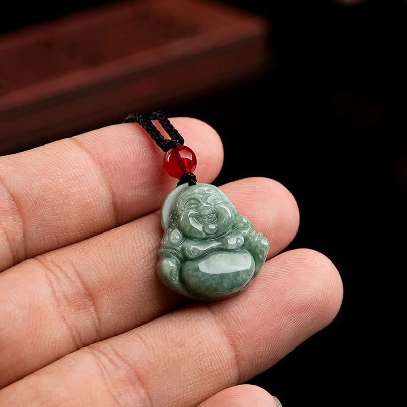 Wear FengShui Natural Green Jade Laughing Buddha Luck Abundance Necklace Pendant