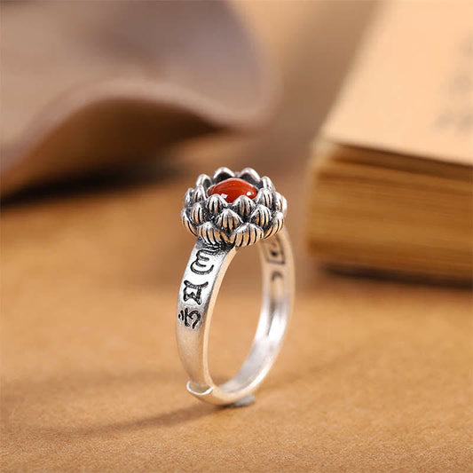 Wear FengShui925 Sterling Silver Lotus Red Agate Confidence Blessing Ring