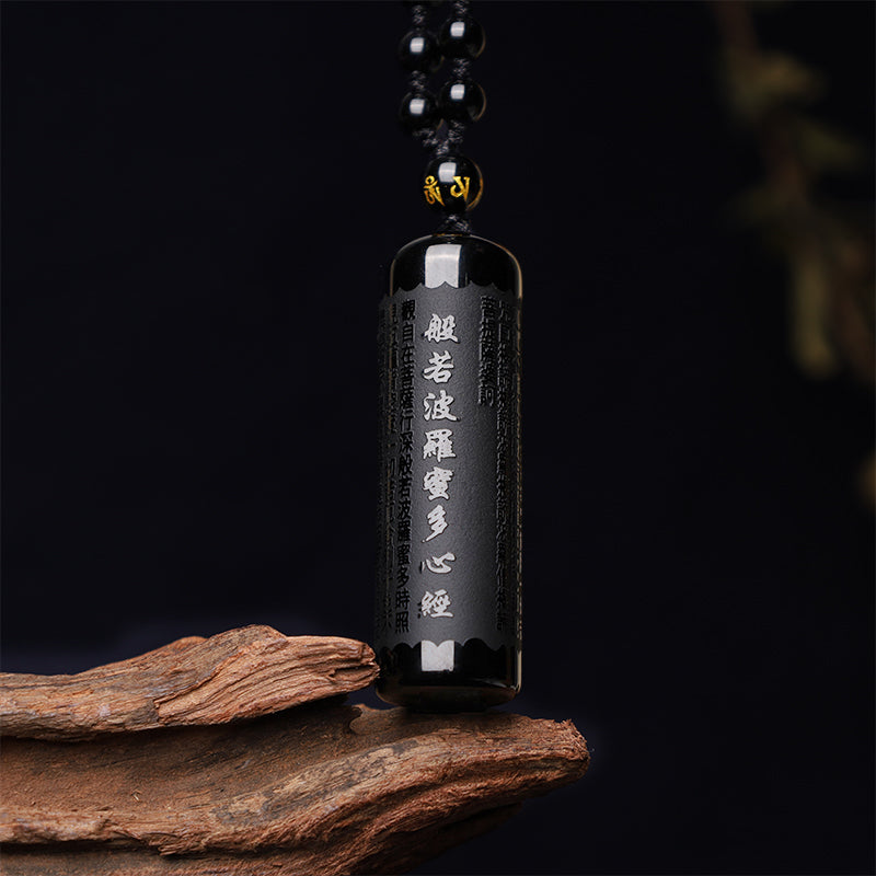 Wear FengShui Natural Black Obsidian Heart Sutra Purification Necklace Pendant