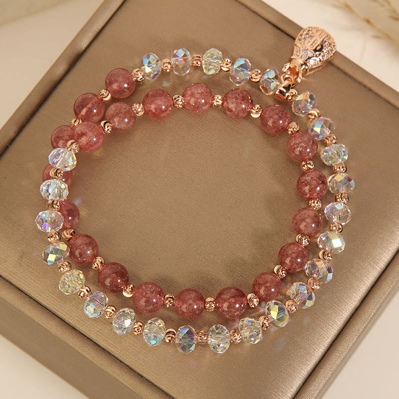 Wear FengShui Strawberry Quartz White Crystal Money Bag Charm Positive Bracelet