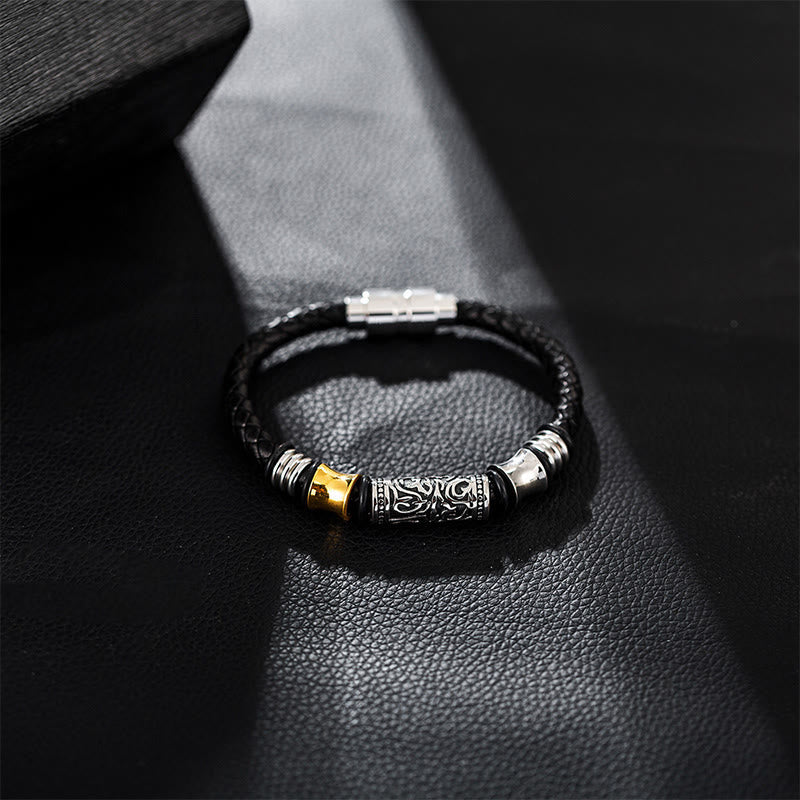 Wear FengShui Tang Dynasty Flower Design Luck Stainless Steel Buckle Leather Bracelet