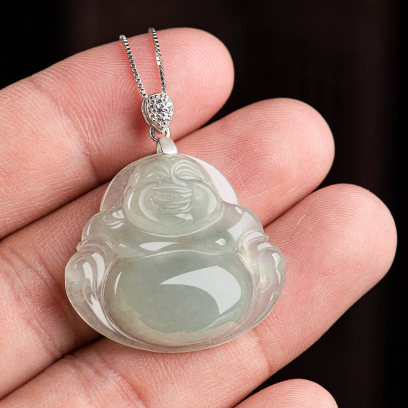 Wear FengShui Natural Jade Laughing Buddha Prosperity Abundance Titanium Steel Chain Necklace Pendant
