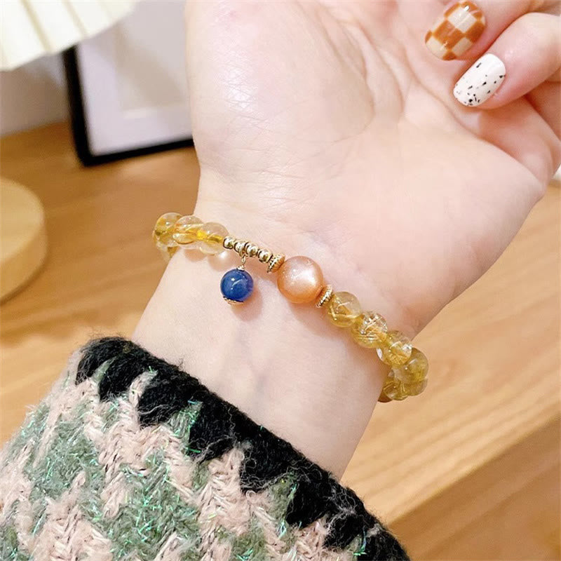 Wear FengShui Natural Gold Rutilated Quartz Sun Stone Kyanite Wealth Bracelet