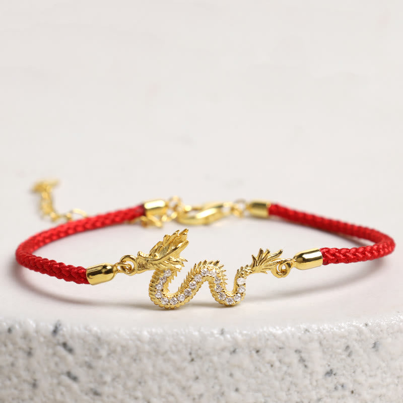 Wear FengShui 925 Sterling Silver Year Of The Dragon Auspicious Golden Dragon Luck Red Rope Chain Bracelet