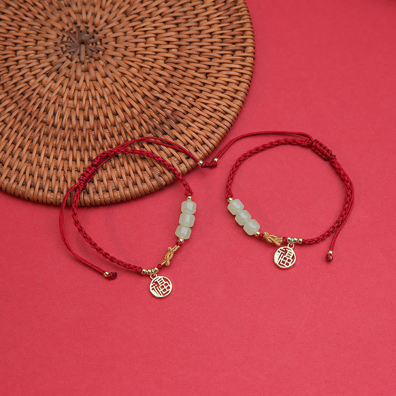 Wear FengShui Handcrafted Jade Bead Fu Character Charm Luck Red Rope Bracelet