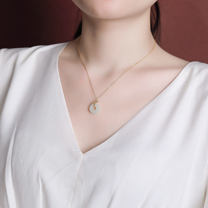Wear FengShui 925 Sterling Silver Natural Hetian Jade Ginkgo Leaf Peace Buckle Luck Necklace Pendant