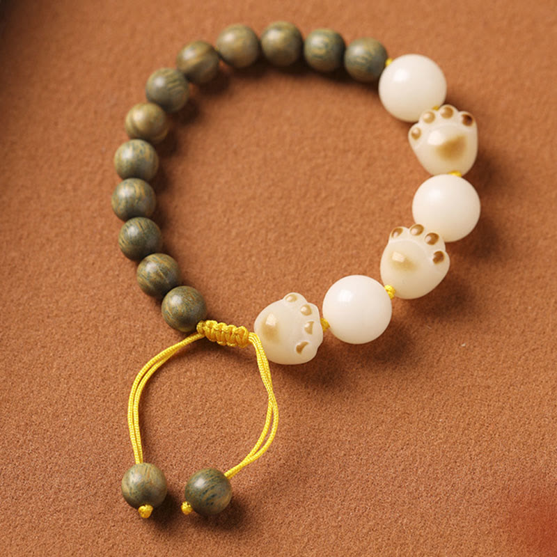 Wear FengShui Natural Green Sandalwood Bodhi Seed Cat Paw Claw Cure Bracelet