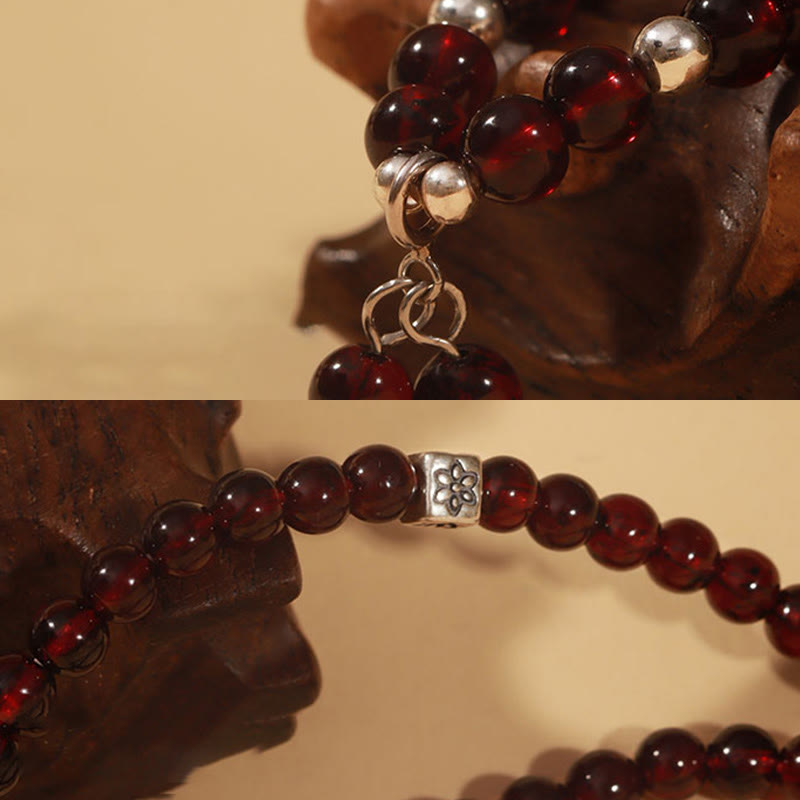 Wear FengShui 925 Sterling Silver Natural Garnet Cat Eye Protection Triple Wrap Bracelet