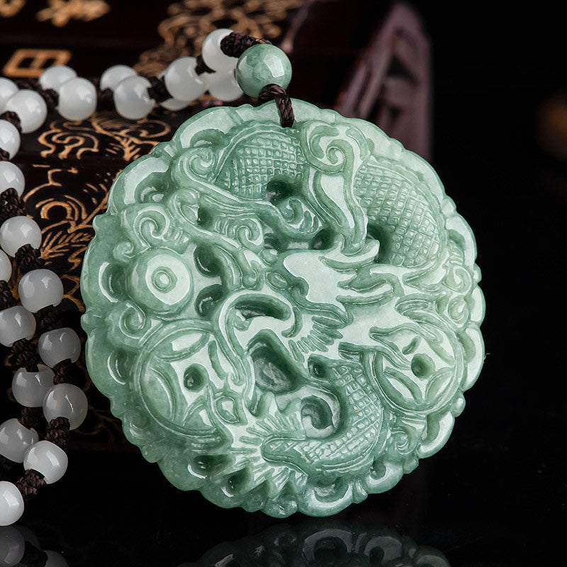 Wear FengShui Chinese Zodiac Dragon Jade Fortune Necklace String Pendant