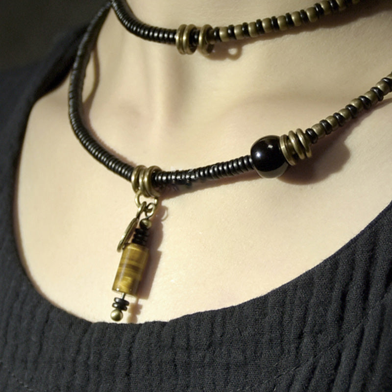 Wear FengShui Ebony Wood Dzi Bead Copper Peace Couple Bracelet Necklace Pendant