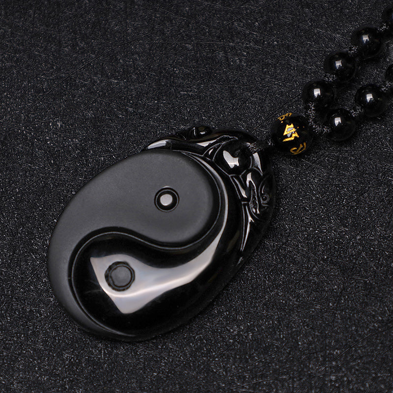 Wear FengShui Natural Black Obsidian Yin Yang Fulfilment Strength Necklace Pendant