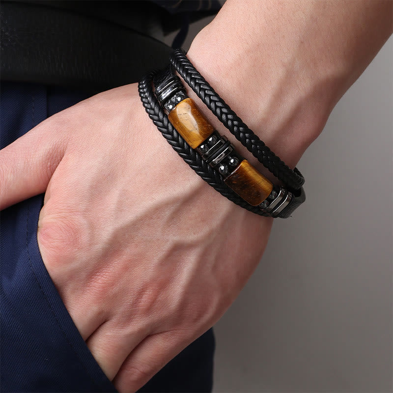Wear FengShui Tiger Eye Power Magnetic Buckle Multilayered Leather Bracelet