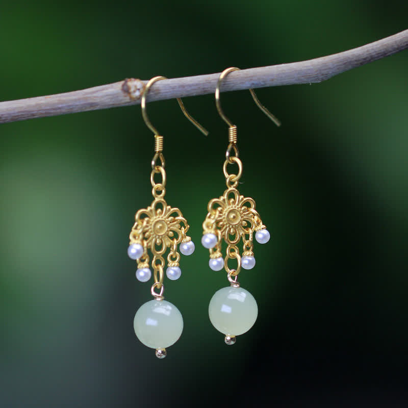 Wear FengShui Hetian Jade Flower Pattern 14K Gold Plated Luck Drop Dangle Earrings