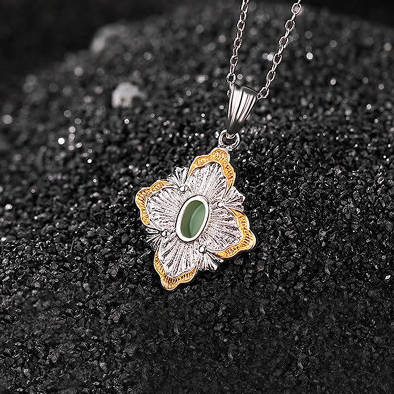 Wear FengShui 925 Sterling Silver Plated Gold Hetian Cyan Jade Rhombus Design Luck Healing Necklace Pendant