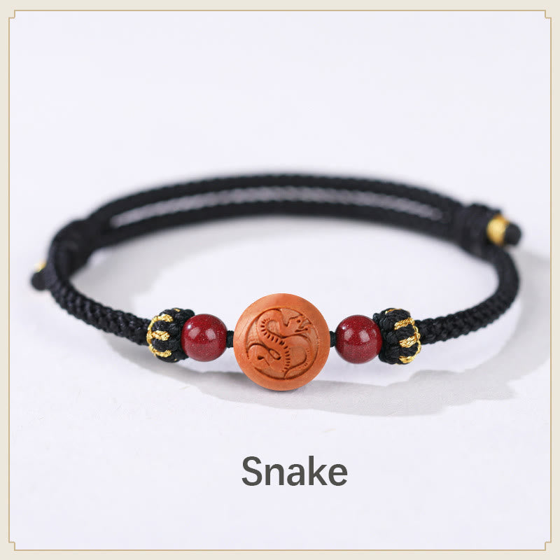 Wear FengShui Natural Peach Wood Chinese Zodiac Fu Character Carved Cinnabar Wealth Bracelet