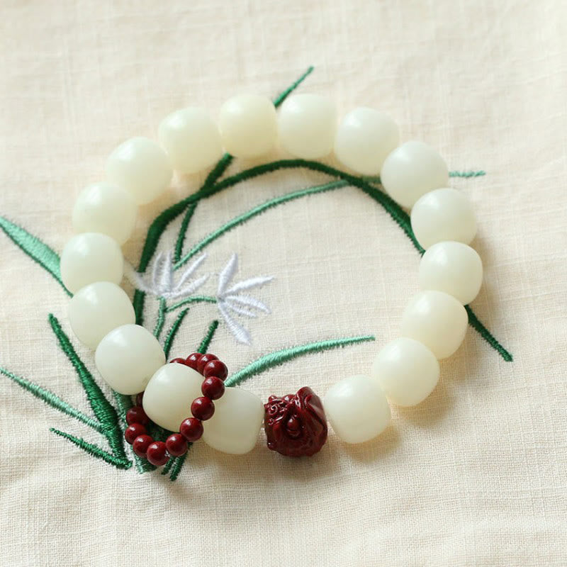 Wear FengShui Natural Bodhi Seed Cinnabar Dancing Lion Charm Wisdom Harmony Wrist Mala