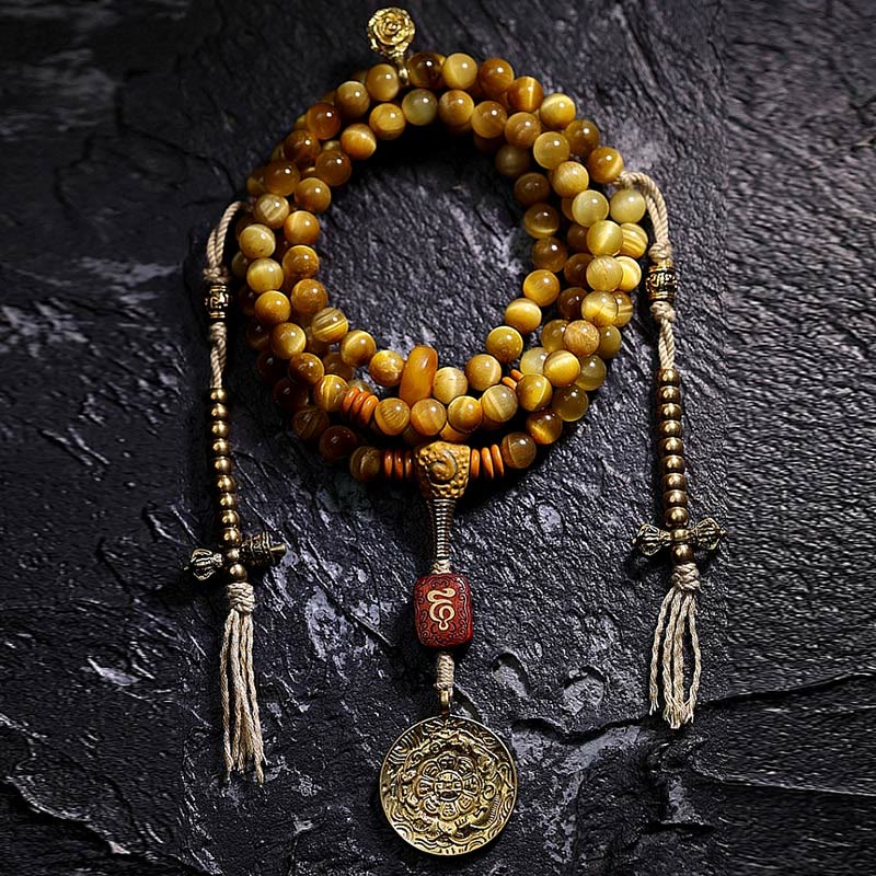 Wear FengShui 108 Mala Beads Natural Tiger Eye Copper Dorje Protection Tassel Bracelet