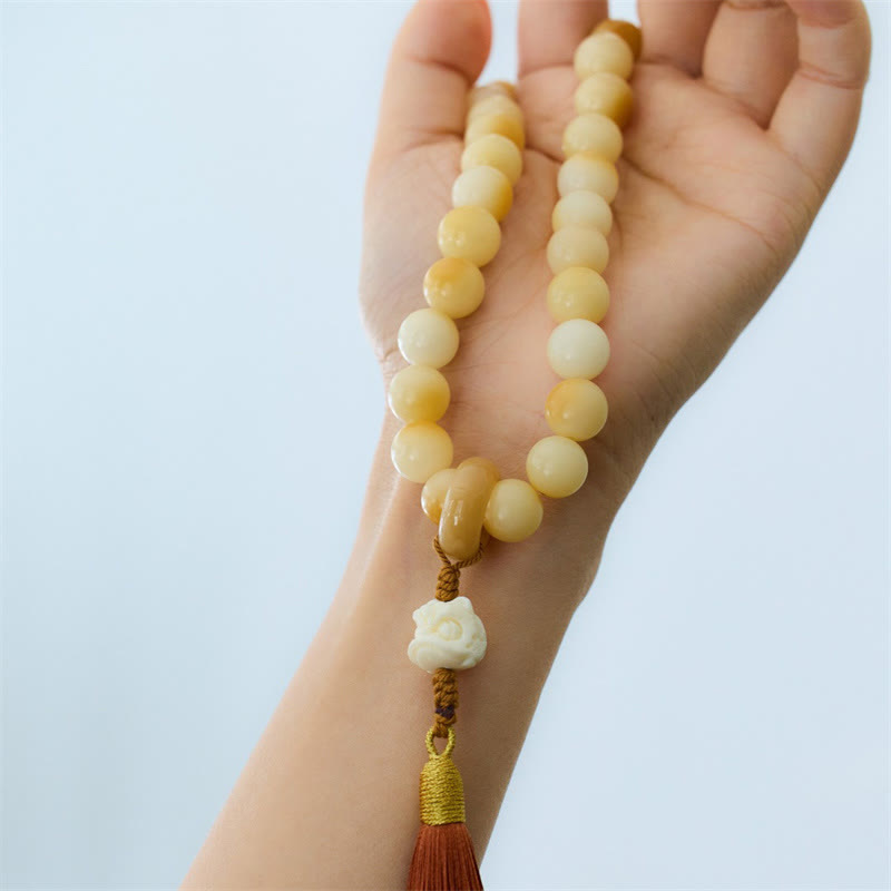Wear FengShui Natural Bodhi Seed Ivory Fruit Dancing Lion Charm Harmony Tassel Wrist Mala
