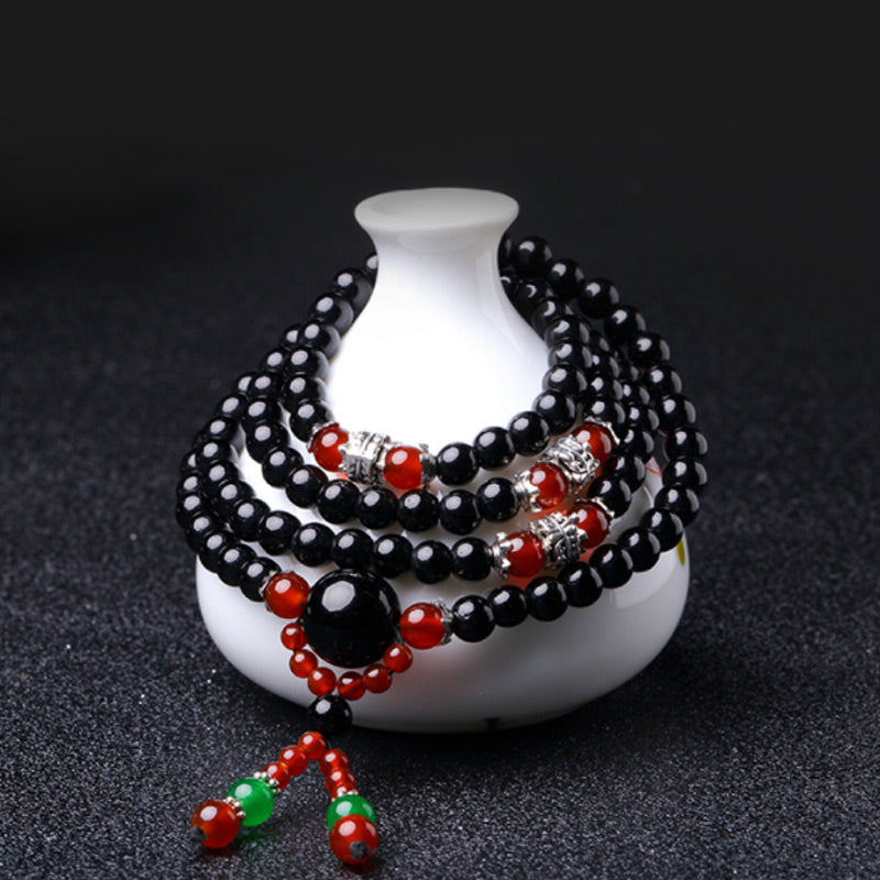 Wear FengShui 108 Beads Natural Black Obsidian Tiger Eye Mala Bracelet