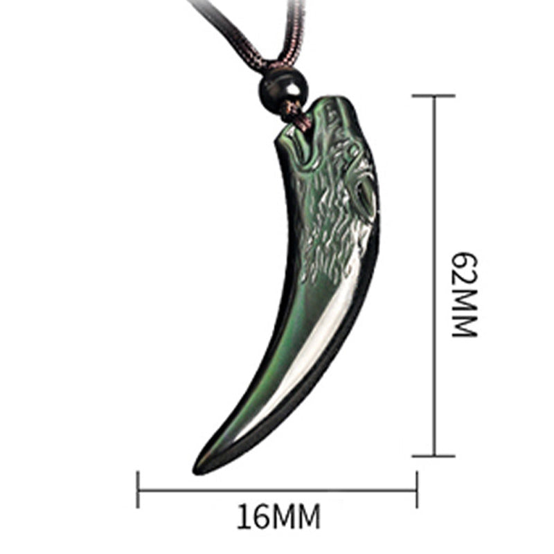 Wear FengShui Natural Black Obsidian Ice Obsidian Rainbow Obsidian Wolf Tooth Pattern Strength Necklace Pendant