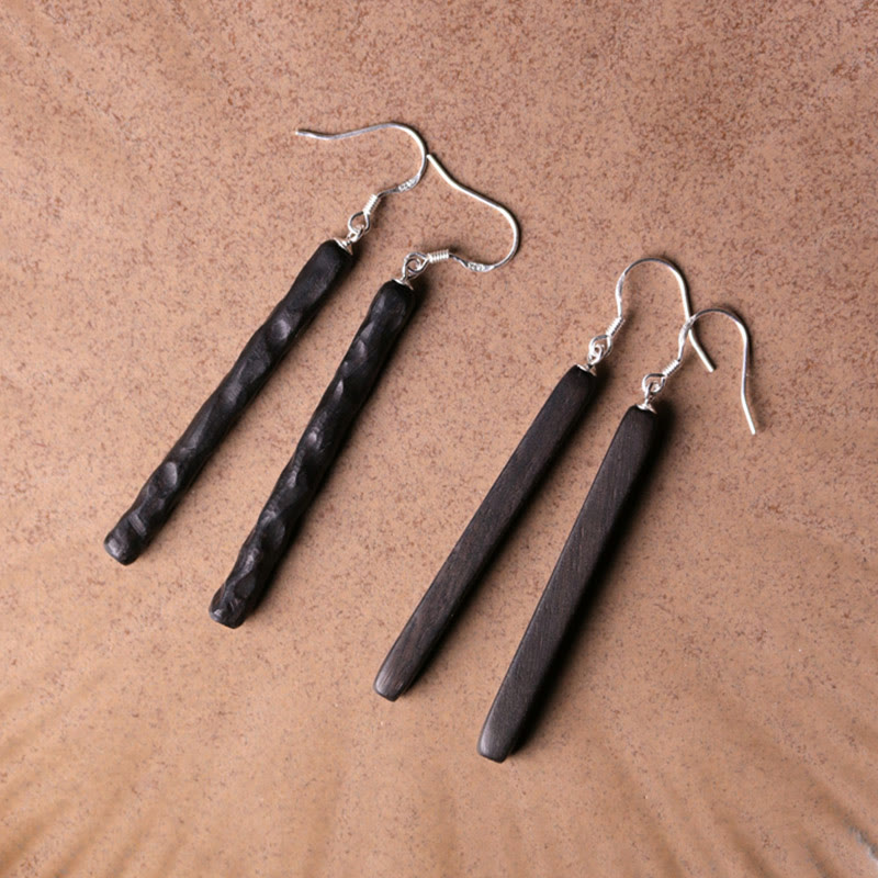 Wear FengShui 925 Sterling Silver Ebony Wood Texture Balance Peace Drop Dangle Earrings