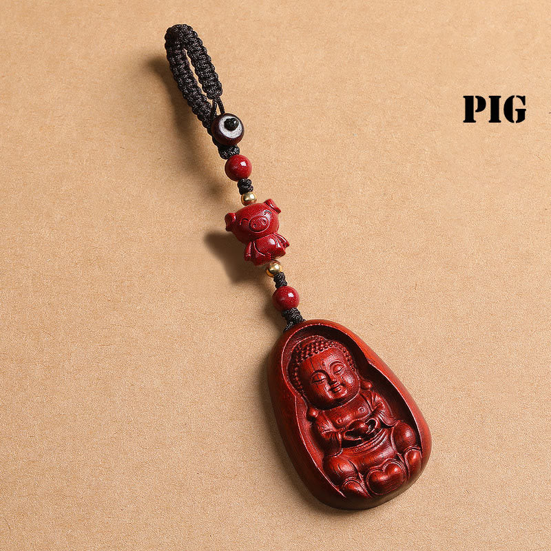 Wear FengShui Small Leaf Red Sandalwood Buddha Cinnabar Chinese Zodiac Amulet Protection Key Chain