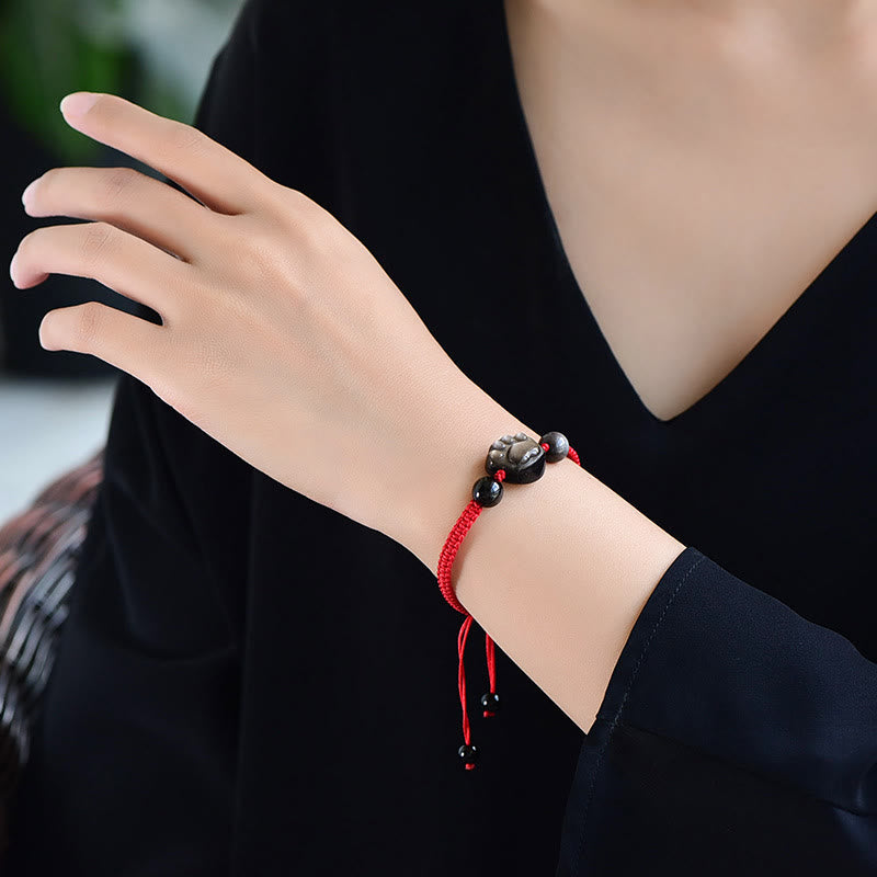 Wear FengShui Natural Silver Sheen Obsidian Gold Sheen Obsidian Cute Cat Paw Claw Protection Rope Bracelet